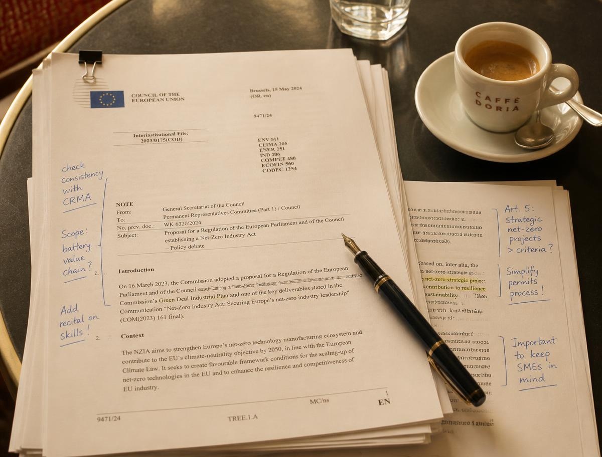 A folder of European institutional papers on a desk in Brussels